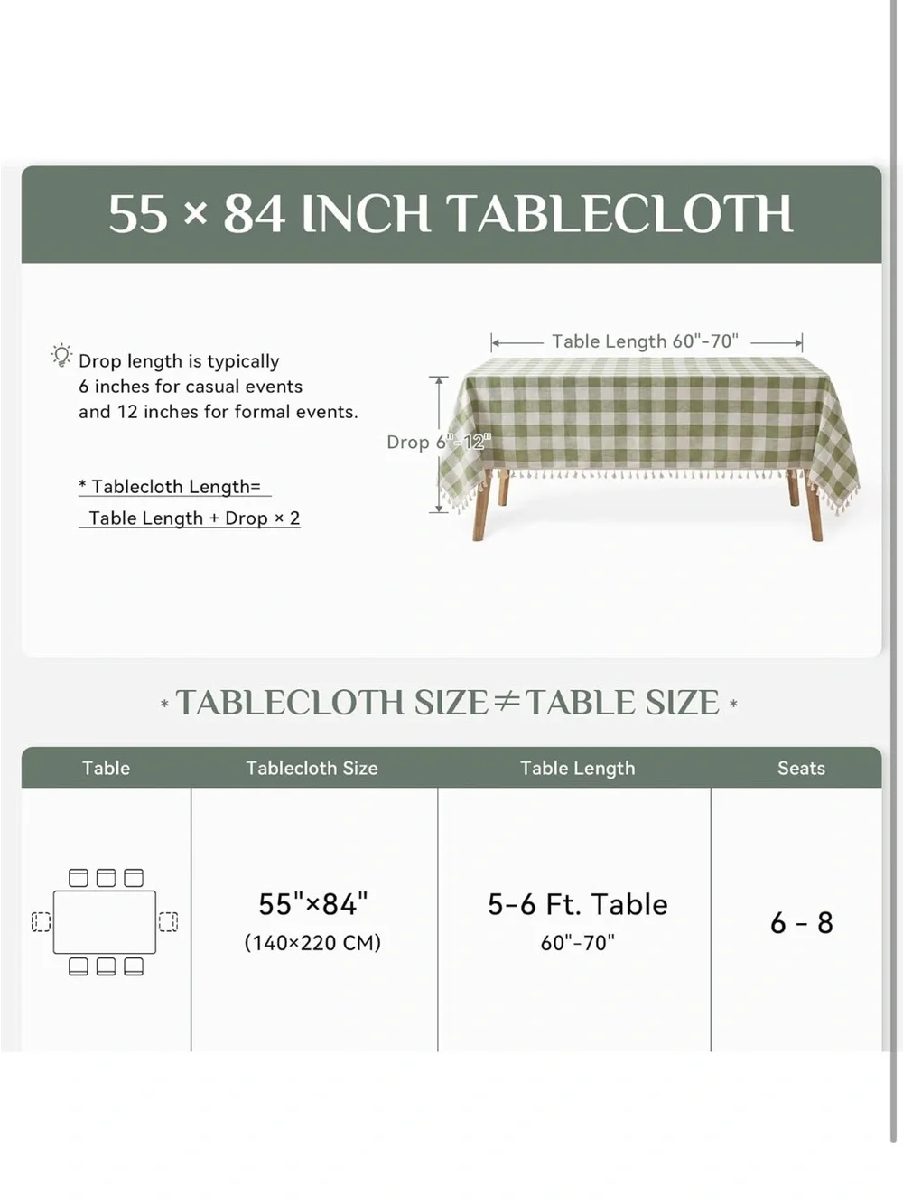 NEW Softalker Checkered Tablecloth With Tassels, Linen Cotton Gingham. Sage Grn